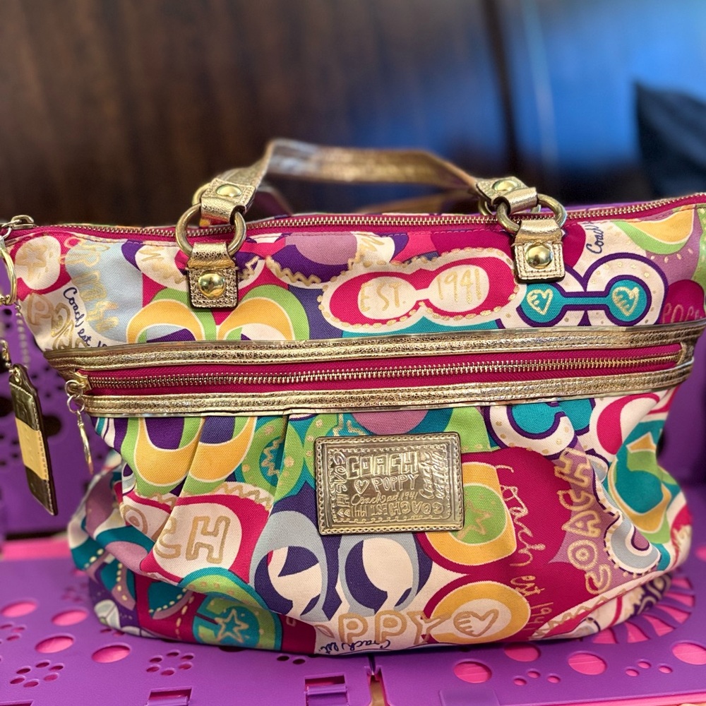 Coach Poppy Multicolor Shoulder Bag with Gold Accents vintage